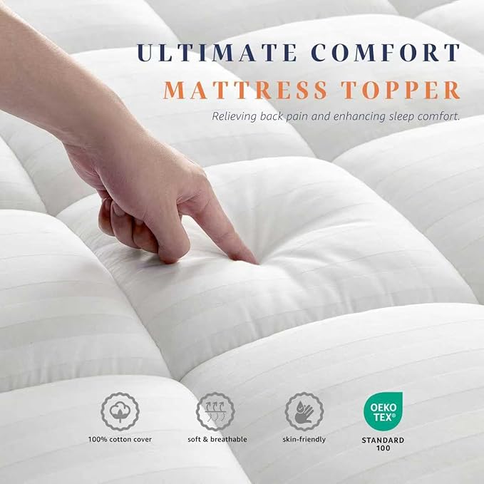 Ultra Soft Cotton Pillow Top Thick Mattress Topper Queen Size for Back Pain Relief - Breathable Cotton Mattress Pad - 8-22" Unique Design Deep Skirt (60 x 80 Inches, White)