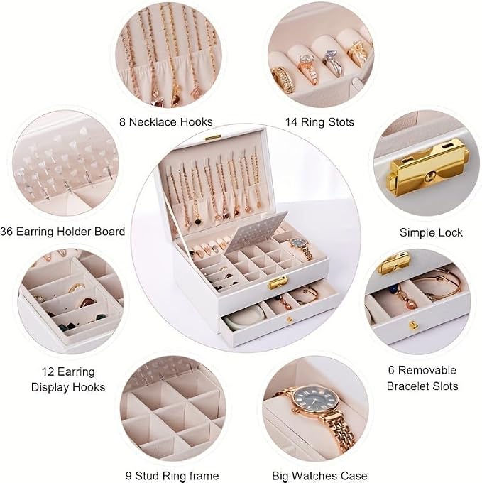 GUOER Jewelry Box for Women Girl Wife - Large PU Leather Jewelry Organizer Storage Case with Two Layers Display for Earrings Bracelets Rings Watches Mother's Day (White) - Image 3