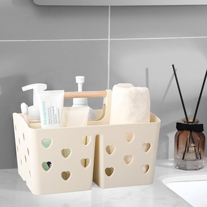 Anyoifax Portable Shower Caddy Plastic Shower Basket Organizer Divided Bathroom Caddy Storage Cleanning Caddy Tote with Handle for College, Dorm Room, Kitchen, Beige - Image 2