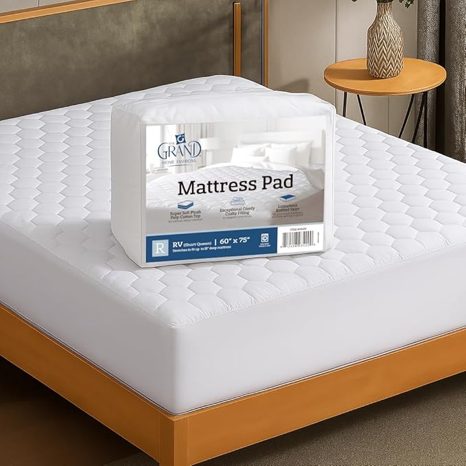 Grand Hotel Collection Short Queen Size Mattress Pad - Thin, Lightweight, and Breathable Mattress Pad - Ideal for Hot Sleepers & Plush Mattresses - Deep Pocket Fits up to 18" - Easy to Wash (60 x 75)