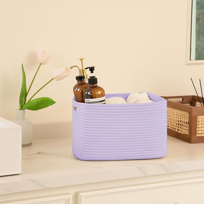 OIAHOMY 4 Pack Storage Baskets for Organizing, Cube Storage Bins for Shelves, Rectangle Storage Baskets With Handles, Woven Baskets for Storage, 12.7''Lx9''Wx7.8''H, Purple - Image 5
