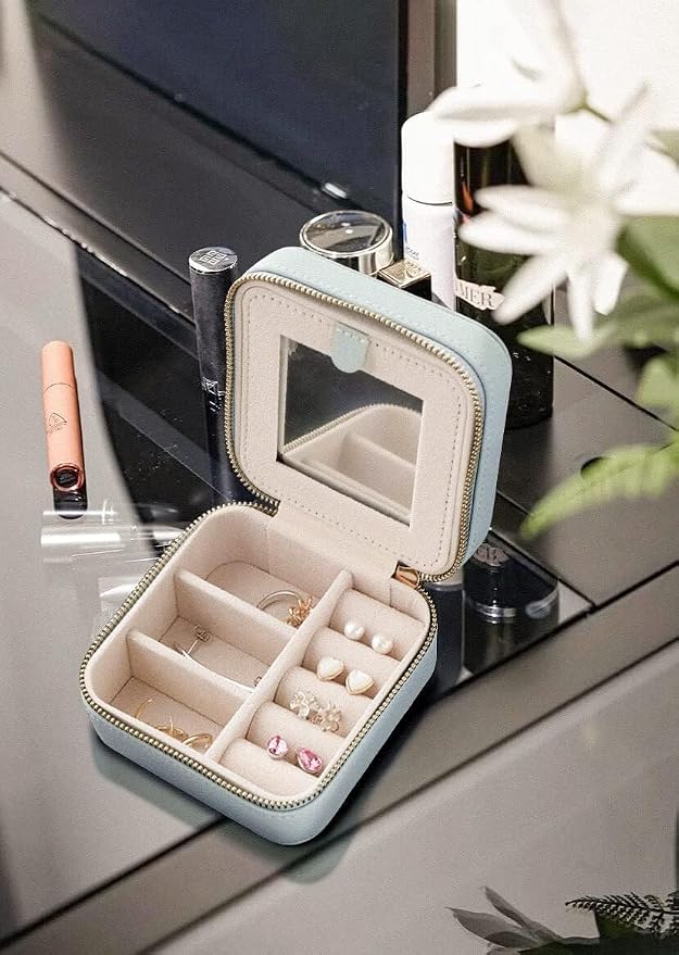 S.Leaf Travel Jewelry Organizer Boxes for Women Small Portable Necklace Earrings Bracelet Rings Travel Case Best Friend Birthday Gifts for Women Trendy (Butterfly_Hazeblue_Gray) - Image 4