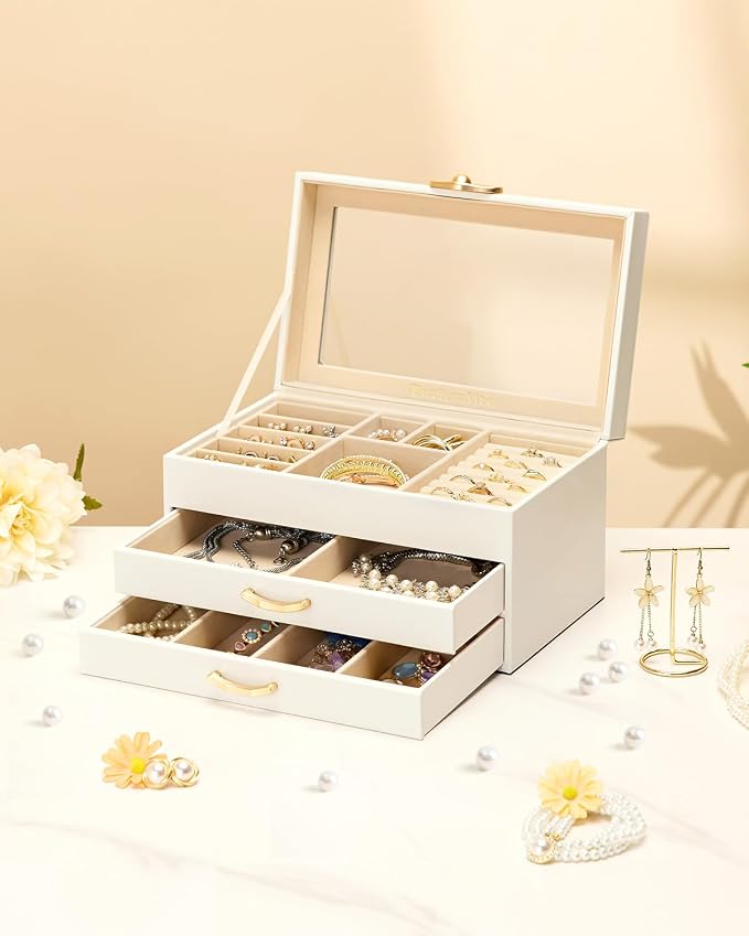Enthralite Jewelry Box with 2 Drawers: Display Organizer for Earrings Necklaces - Gift for Girls Women (White) - Image 2