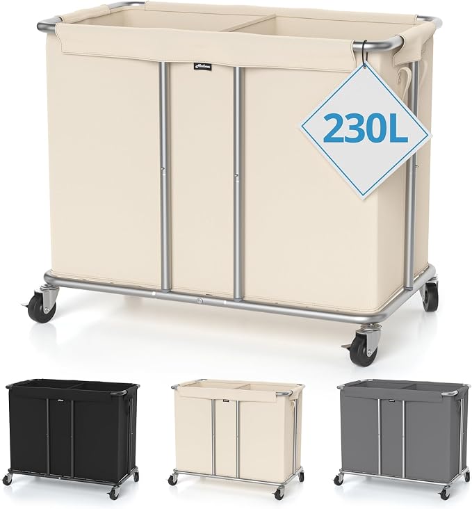 Hodonas 230L Rolling Laundry Hamper, 2-Section Laundry Basket with Wheels, 61 Gallons Laundry Sorter with Metal Structure and Removable Liner, Clothes Hamper for Laundry Room, Bathroom, Bedroom, Beige by Hodonas