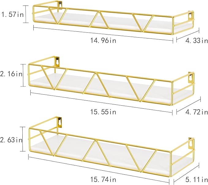 Amaoot Floating Shelves Set of 3, Home Wood Wall Shelf, Farmhouse Shelf for Bedroom, Wall Mounted Floating Shelf for Living Room, Bedroom, Bathroom, Kitchen, Office (Gold) - Image 3