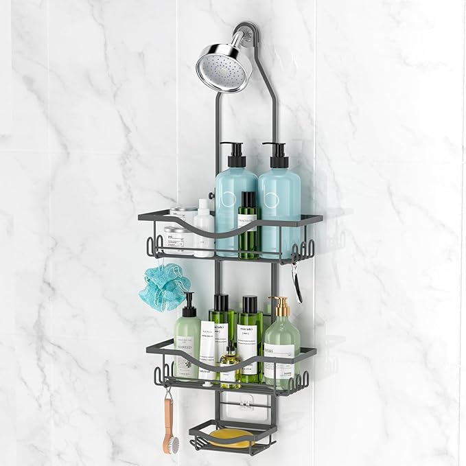 REINHARDT Shower Caddy Hanging Adjustable, Extended Length Rustproof Shower Caddy Over Shower Head with Hooks Soap Holder, Large Capacity Shower Organizer Anti-Swing Bathroom Organizer, Grey by REINHARDT