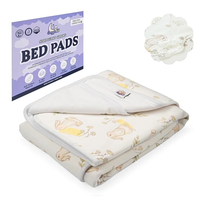 Tuckable Side Bed Wetting Pads Toddlers, Reusable Washable Waterproof Baby Potty Training Mattress Pee Pads Sheet Protector Kids, 5 Absorbent Layers Exclusive No-Slip 39"x 29" Fits Twin Yellow Rabbit