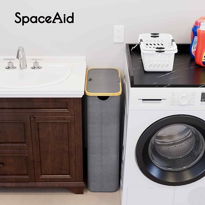 SpaceAid Slim Laundry Hamper with Lid, 65L Narrow Clothes Basket Bin with Bamboo Handles, Skinny Tall Collapsible Hamper for Bedroom, Bathroom, Dorm, Laundry Room - Grey - Image 3