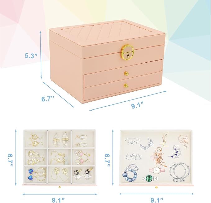 KOOAAICCHI Jewelry Box for Women, 3-Layer Jewelry Organizer, Jewelry Storage Case PU Leather for Earrings, Bracelets, Ring, Necklaces-Pink - Image 5