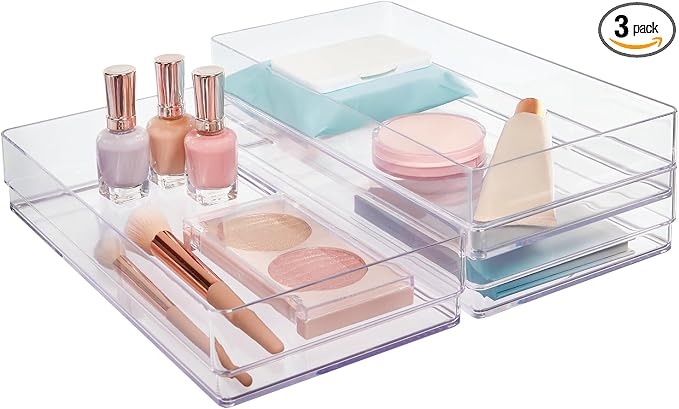 STORi SimpleSort 3-Piece Stackable Clear Drawer Organizer Set | 12" x 6" x 2" Rectangle Trays | Wide Makeup Vanity Storage Bins and Office Desk Drawer Dividers | Made in USA by STORi