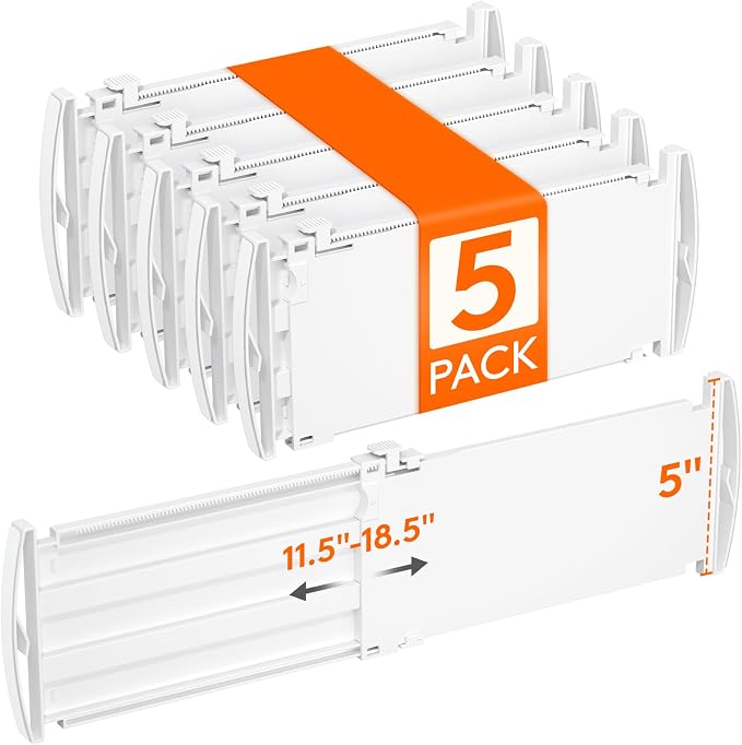 Lifewit 5" Tall 5 Pack Drawer Dividers, 30-47cm/11.5-18.5" Expandable Drawer Divider for Clothes, Adjustable Dresser Drawer Organizers, Drawers Separators for Dresser/Bathroom/Closet/Kitchen White by Lifewit