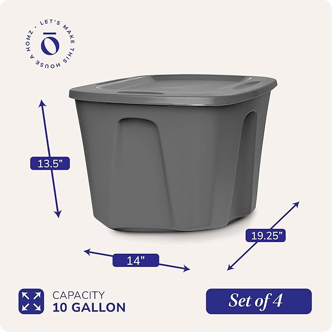 HOMZ 4-Pack Durable Molded Bin, Plastic Storage Containers w/Lids, 10 Gallon, Silver - Stackable Organizer Totes and Boxes for Bedroom, Kitchen, and Garage Organization