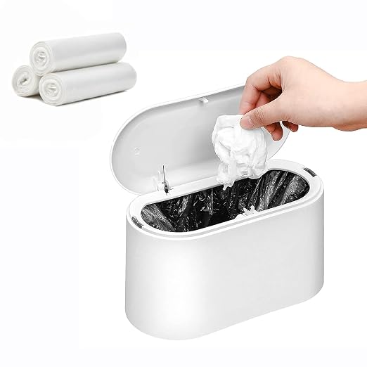 SUBEKYU Mini Trash Can with Lid,Small Desk Trash Can,Countertop Mini Garbage Cans,Tiny Waste Basket,White,with 3 roll Bags by SUBEKYU