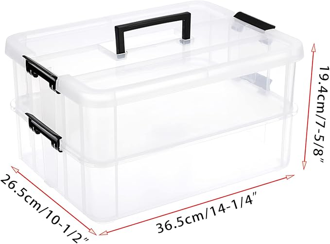 JUXYES 2-Tiers Stack Carry Storage Box With Handle, Transparent Stackable Storage Bin With Handle Lid Latching Storage Container for School & Office Supplies - Image 2