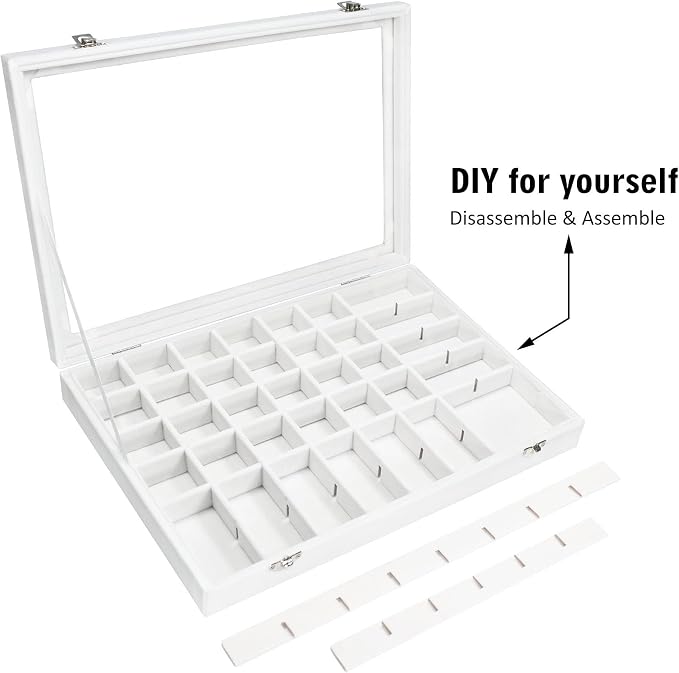 Siveit Velvet Jewelry Tray 48 Grid Jewelry Display Tray Organizer Box with Transparent Lid Rings Earrings Necklaces Pendants Display Box Suitable for Women and Girls (Ivory) - Image 6