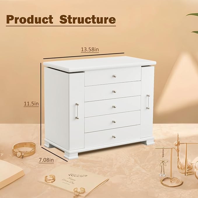 White 5 Layer Huge Jewelry Box,Top With Mirror Wooden Jewelry Organizer Box,With 8 Hook And Velvet Lining Antique Jewelry Box For Women,For Watch Necklace Ring Earring Storage Gifts - Image 3