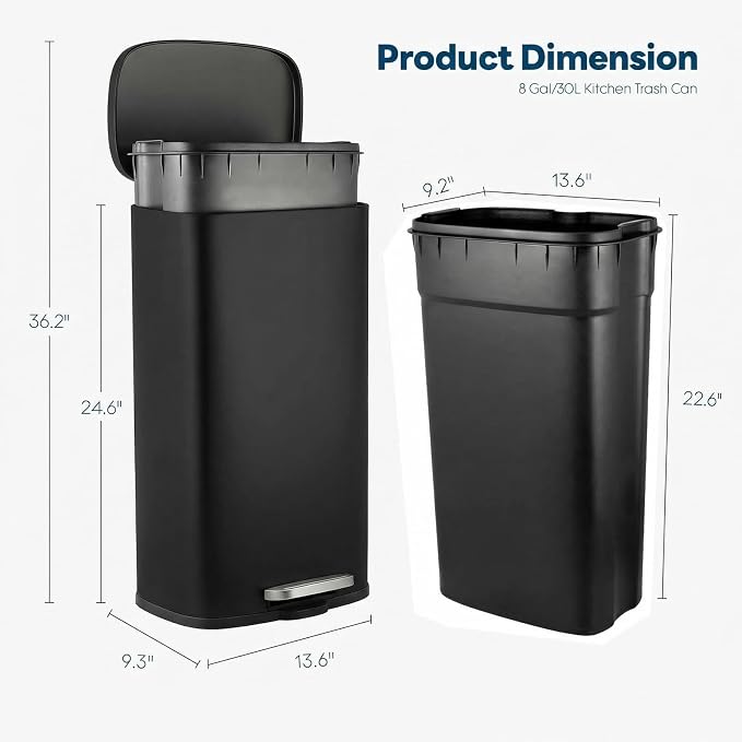 8 Gal Kitchen Trash Can, 30L Recycling or Garbage Bin, Brushed Stainless Steel Waste Basket, Soft&Quiet Close Dustbin, with Step-On Pedal, Removable Inner Bucket, for Home, Office, Living Room - Image 2