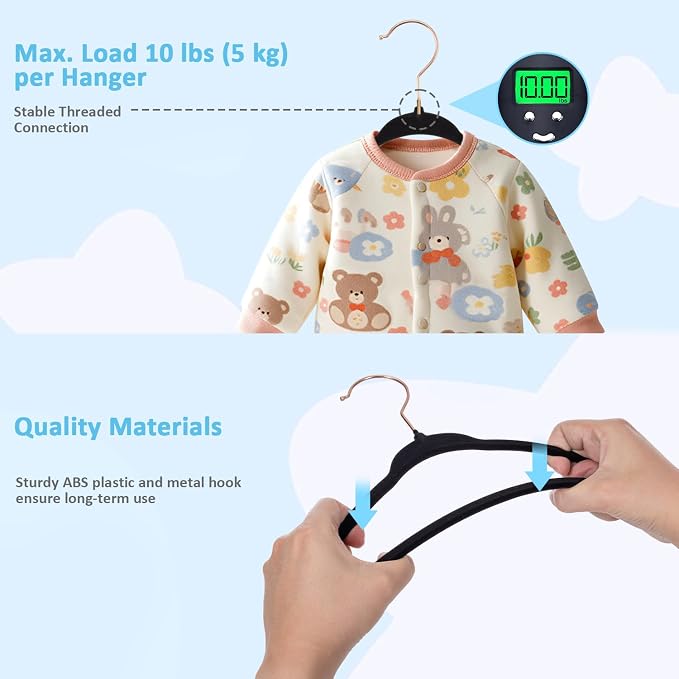 Tonswachic Baby Velvet Hangers 50 Pack - 11 Inch Premium Non Slip Felt Kids Hanger for Toddler & Infant Clothes - 0.2" Ultra Thin Baby Clothes Hangers with 10 Hanger Clips - Black - Image 5