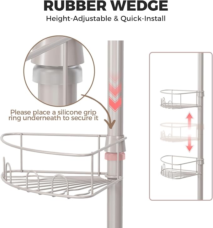 Urackify Corner Shower Caddy Tension Pole, 4 Tier Adjustable Bathroom Organizer Shelves, Shower Storage With Hidden Hook & Towel Holder,63.7-119 Inch No-Drill Quick Installation Shower Rack,Sliver - Image 3