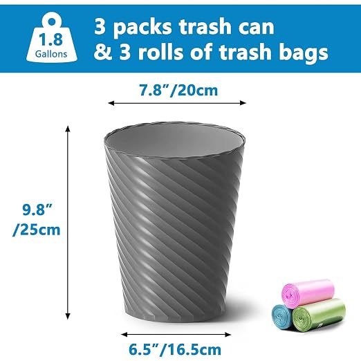 Lysam Bathroom Trash Can, 3 Pack 1.8 Gallons Small Trash Can with Trash Bags, Bathroom Garbage Can, Plastic Trash Bin, Round Waste Basket for Bedroom, Office, Room (White Blue Grey) - Image 3