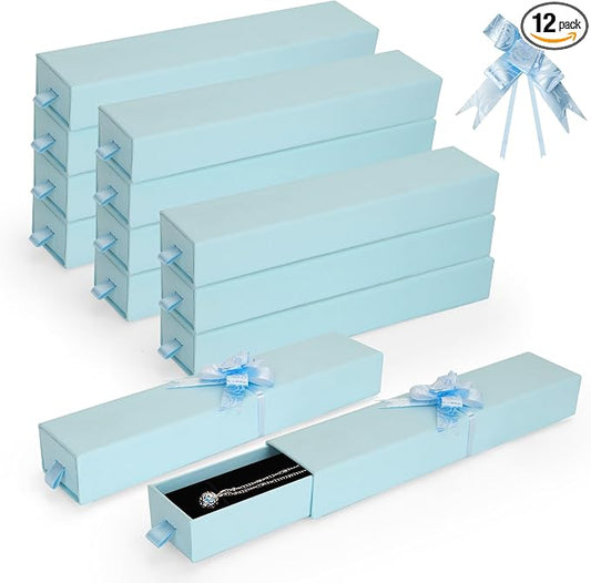12-Pack Drawer Style Jewelry Gift Boxes with Sponge Insert, 8.7"x1.8"x1.2" Necklace & Bracelet Display Box for Presentation, Cardboard Storage Organizer for Pendant, Ring, Earring - Light Blue by MATUFF