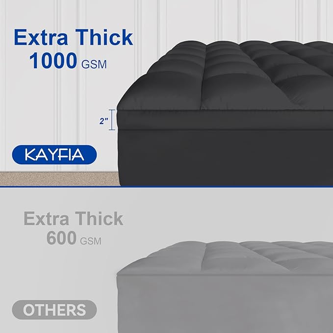 KAYFIA King Mattress Topper, Extra Thick Mattress Pad Cover for Deep Sleep,3D+7D Snow Down Alternative Fill Overfilled Plush Pillow Top Mattress with 8-23 Inch Deep Pocket-Black