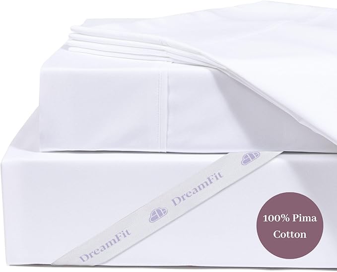 DreamFit DreamCool 100% Pima Cotton Sheets with Elastic Corner Straps 20 Inch Extra Deep Pocket Crafted in USA Hotel Style Luxury Sheets for Adjustable Bed Split Head Queen Sheets Set White