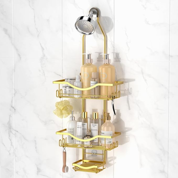 Shower Caddy Hanging Adjustable Shower Caddy, Rustproof Shower Organizer Extended Length Showers Caddy Over Shower Head with Hooks Soap Holder, Large Capacity Anti-Swing Bathroom Organizer, Gold by REINHARDT
