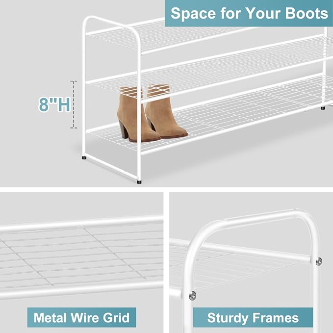 AOODA Long 3 Tier Metal Shoe Rack for Closet Wide Stackable Shoe Storage Organizer for Entryway, Bedroom, Floor, 24-Pairs Men Sneakers Boot Shelf with Wire Grid, White - Image 6