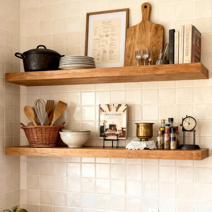 ROGMARS 36 Inches Long Walnut Floating Shelves,Rustic Solid Wood Farmhouse Wall Shelves with Invisible Brackets for Bathroom, Living Room, Bedroom, Kitchen Set of 2 - Image 5