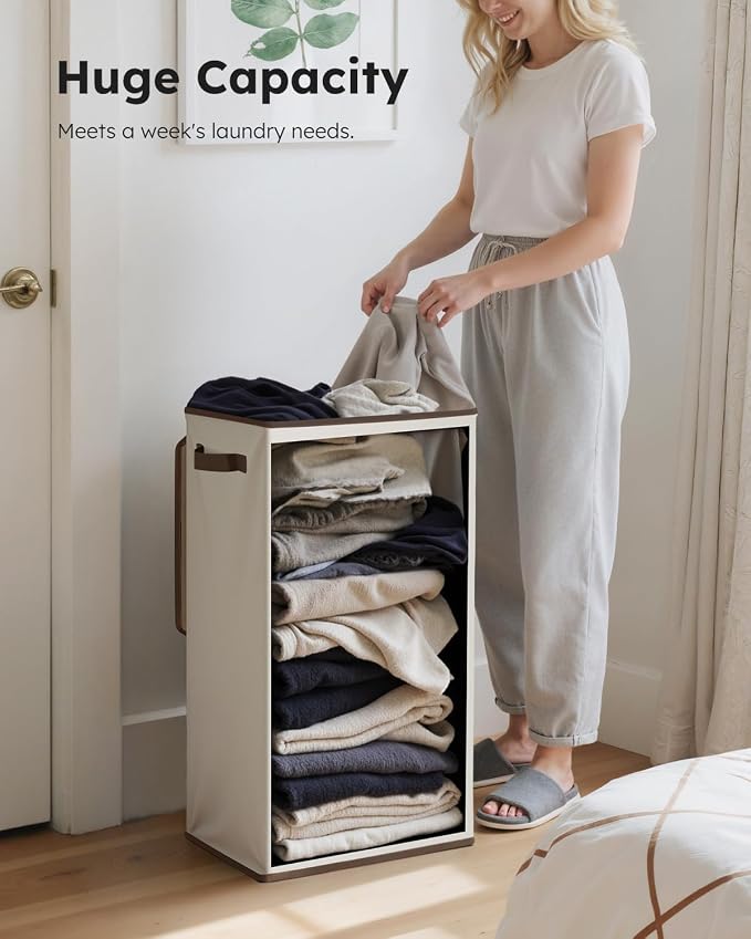 SOLEDI Slim Laundry Hamper with Lid, Narrow Laundry Basket with Removable Bags, Dirty Clothes Hamper with handle, Small Hamper perfect for Laundry room, Bathroom, Bedroom, Small spaces. 70L Beige - Image 5