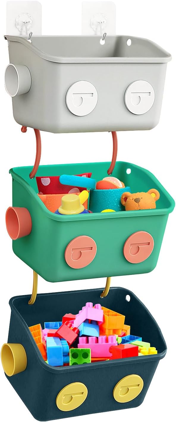 Bath Toy Storage Organizer Basket, 3 Pack Cute Robot Bathtub Shower Toy Organizer, Wall Mounted Hanging Bath Toy Holder with Hooks, for Tub Laundry by Karceyworth