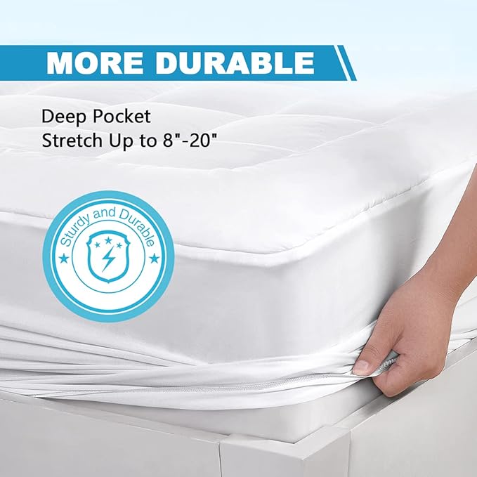 Twin XL Mattress Pad Cover Pillow Top with Stretches to 18” Deep Pocket Fits Up to 8”-21” Cooling White Bed Topper (Down Alternative, Twin XL Size)
