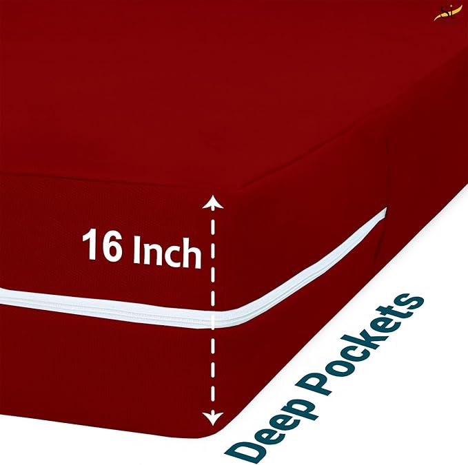 Mattress Protector Queen Size 100% Waterproof Zippered Cover, 15 Inches Deep, Six-Sided Mattress Encasement for Bed, Zipper Closure Style (Burgundy)