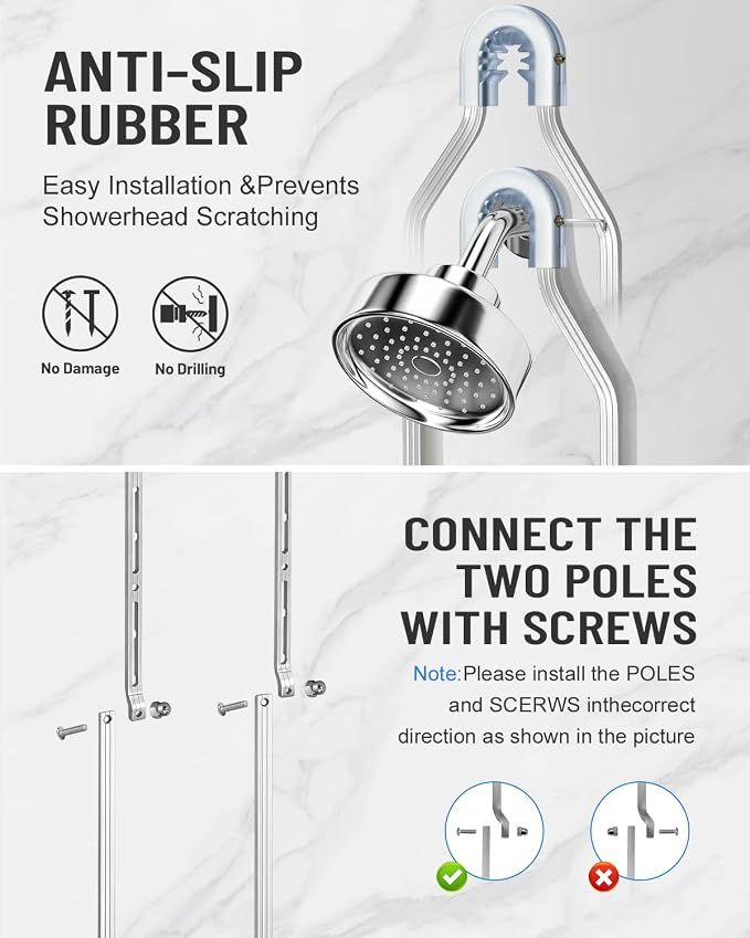 Adjustable Shower Caddy Hanging for Handheld Showerheads - Never Rust Shower Hanging Organizer, Upgraded Bathroom Shower Rack with Soap Basket, Hooks and Toothbrush Holder (Silver) - Image 6