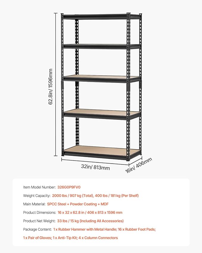 VEVOR Storage Shelves, 2000 lbs, 5 Tier Garage Storage Shelving, 16" D x 32" W x 62.8" H Adjustable Metal Shelves for Garage Shelves Utility Rack Shelf, Ideal for Kitchen, Warehouse, Basement, Black - Image 8
