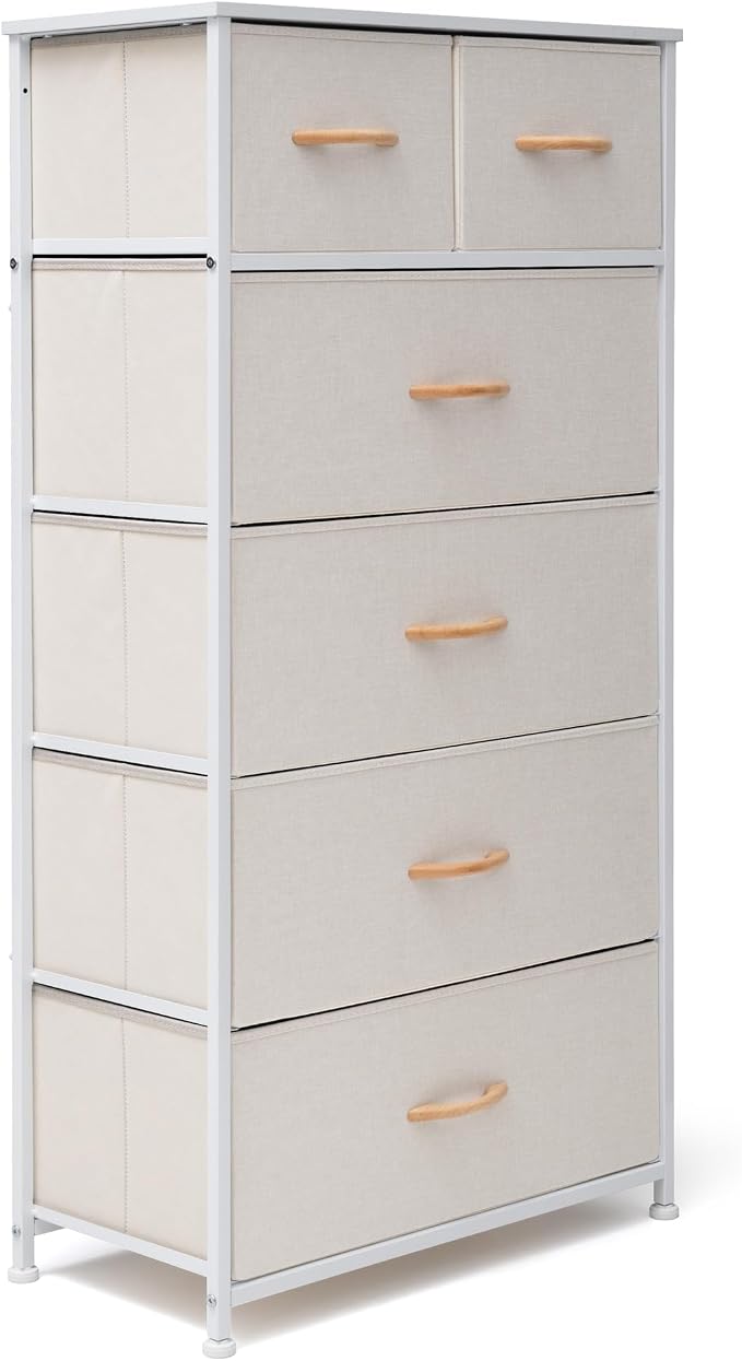 Fabric Dresser for Bedroom, Tall Skinny Dresser with 6 Drawers, Storage Organizer Tower, Steel Frame Wooden Top for Closet, Living Room, Hallway(Beige) - Image 8