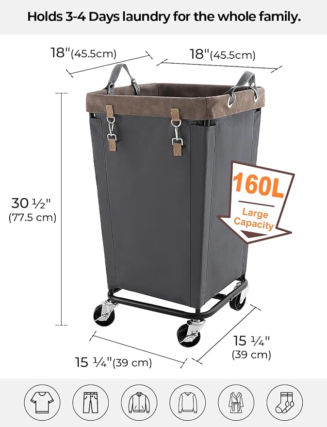 StorageWorks 160L Laundry Basket with Wheels, Large Rolling Hampers for Clothing Organizer, Dirty Clothes Basket for Hotel, Home, Closet, Dorm, Grey - Image 2