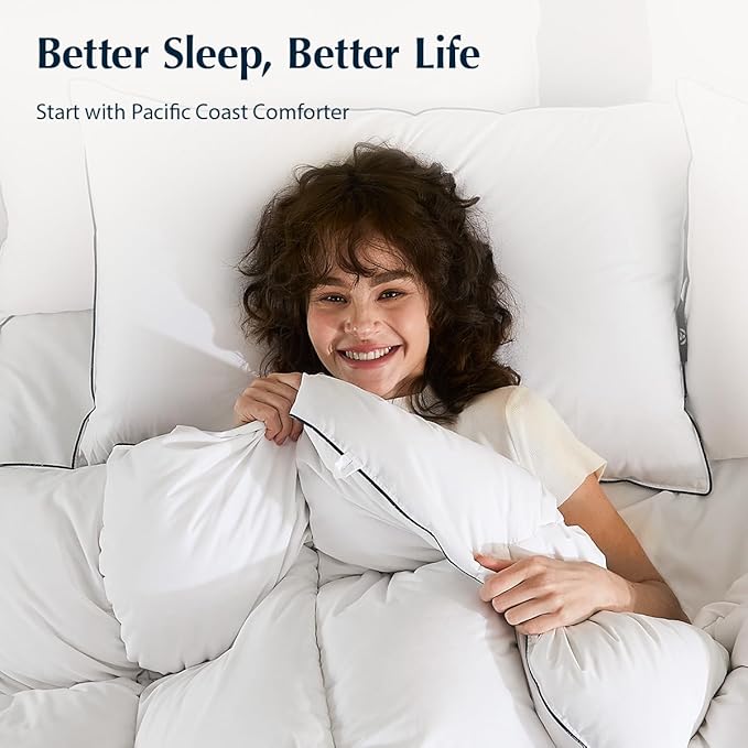 Pacific Coast Premium Goose Down Fiber Comforter Queen Size, 420TC 100% Australian Cotton Shell, All-Season Comforter with Hidden Baffle Box & Double-Stitched Piping (90"x90")