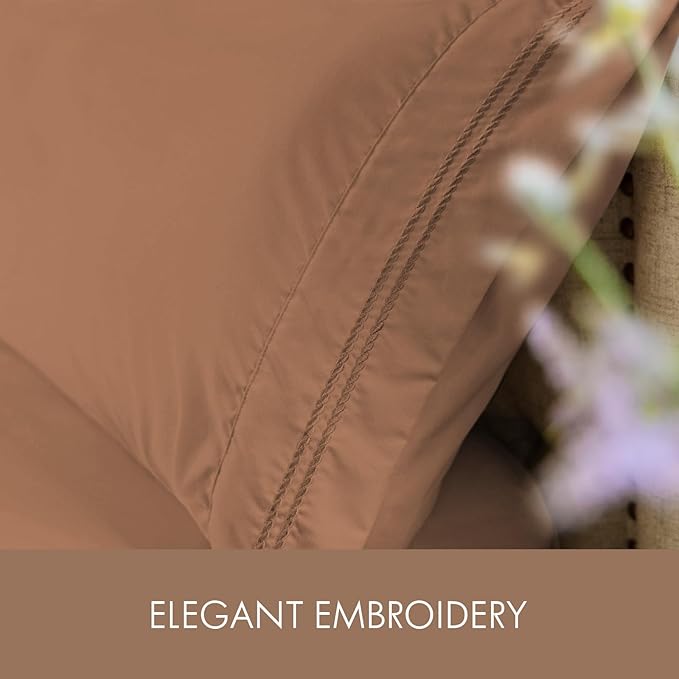 ClevaHome Sheets Twin Size Bed Set - 4 Piece Soft Breathable Luxury Bed Sheet Set - Shrinkage & Fade Resistant Embroidered Bedding Sheet with Deep Pocket, 2 Extra Pillowcases (Twin, Sandy Brown)