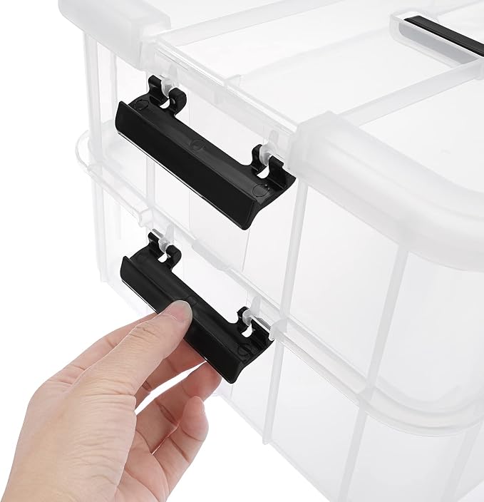 JUXYES 2-Tiers Stack Carry Storage Box With Handle, Transparent Stackable Storage Bin With Handle Lid Latching Storage Container for School & Office Supplies - Image 5