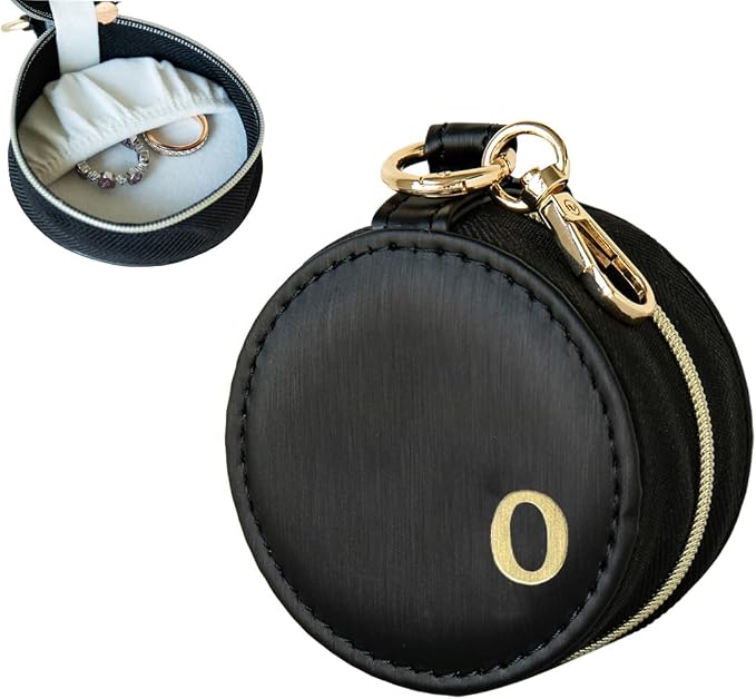 COLLECTIVE HOME - Monogrammed Letter Jewelry Case, Portable Travel Ring Holder Box with Keychain, Personalized Initial Organizer for Earrings Necklaces, Gift for Her (Black-o) by COLLECTIVEHOME