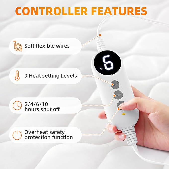 Heated Mattress Pad California King, Quilted Fitted Electric Mattress Pad with 9 Heat Setting Controller, 2/4/6/10 Hours Auto Off, Soft Mattress Cover Stretches up to 21 Inches Deep, White