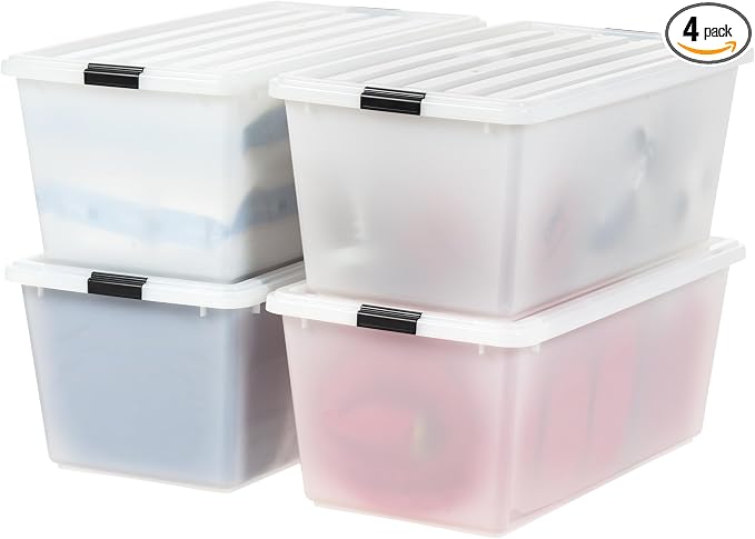 IRIS USA 91 Qt Stackable Plastic Storage Bins with Lids, 4 Pack - BPA-Free, Discreet Organizing Solution, Latches, Durable Nestable Containers, Secure Pull Handle, Made in USA - Pearl by IRISUSA