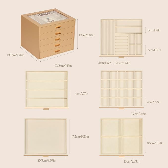 Jewelry Box with Glass Lid, 5-Layer Jewelry Organizer for Women Girls, PU Leather Display Case with 20-Grid Earring Tray & Movable Dividers for Necklaces Rings,Camel - Image 3