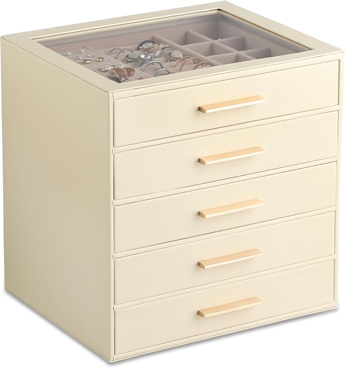 Frebeauty Clear Lid Jewelry Box,5-Layer Jewelry Organizer with Drawer,PU Leather Jewelry Organizers and Storage,Jewelry Boxes for Women,Jewelry Storage for Rings Earring Stud,Gift for Women(Beige) by Frebeauty