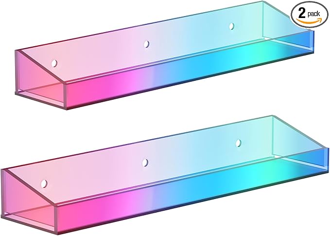 Bakzon 2 Pack Acrylic Shelves for Wall Storage, 15" Floating Shelves, Kids Bookshelf, Nail Polish Holder, Perfume Display Shelf Organizer for Bathroom, Bedroom, Living Room, Iridescent by BAKZON