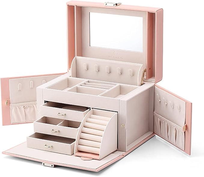 Vlando Mirrored Jewelry Box Organizer, Leather Jewelry Storage Case, Necklaces Earrings Rings Brackets Box Holder, Pink - Image 10
