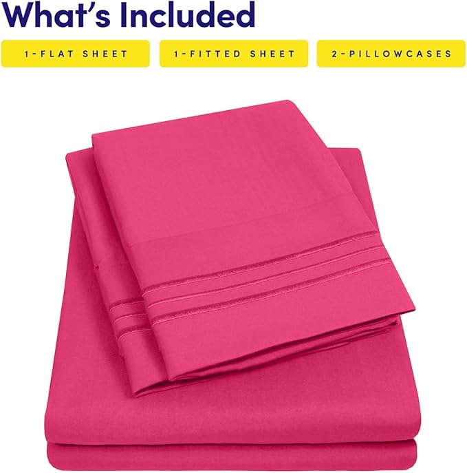 King Size Sheet Set with Built-in Sheet Straps - Deep Pocket Fitted Sheet, Flat Sheet & Pillowcases - Soft, Wrinkle-Free, Secure Fit - Fuschia