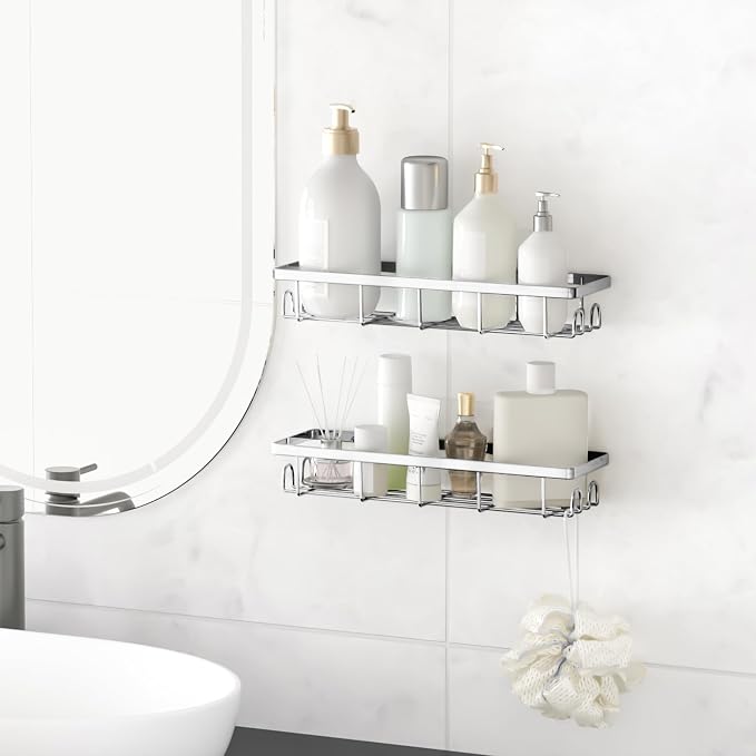 Shower Caddy Organizer with Hooks,Self Adhesive Bathroom Shelves,No Drilling Bathroom Organizers and Storage,Perfect for RV, Apartment, Home Decor,2 Pack Silvery - Image 2